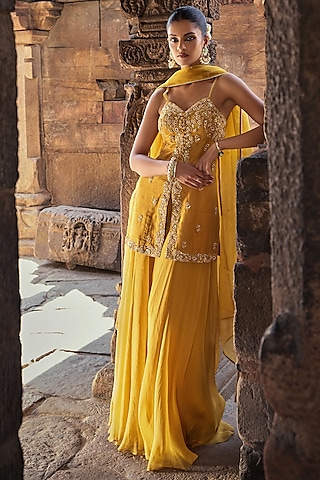 Yellow Silk Sharara Set by Kritika Dawar