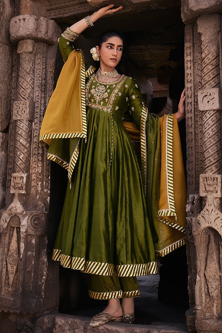 Mehendi Green Silk Chanderi Hand Embroidered Anarkali Set by Kritika Dawar