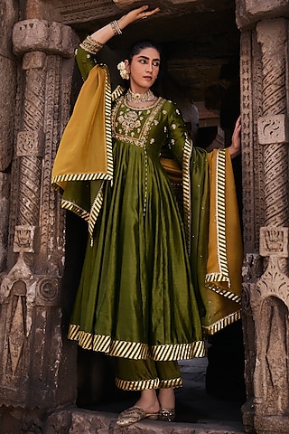 Mehendi Green Silk Chanderi Hand Embroidered Anarkali Set by Kritika Dawar