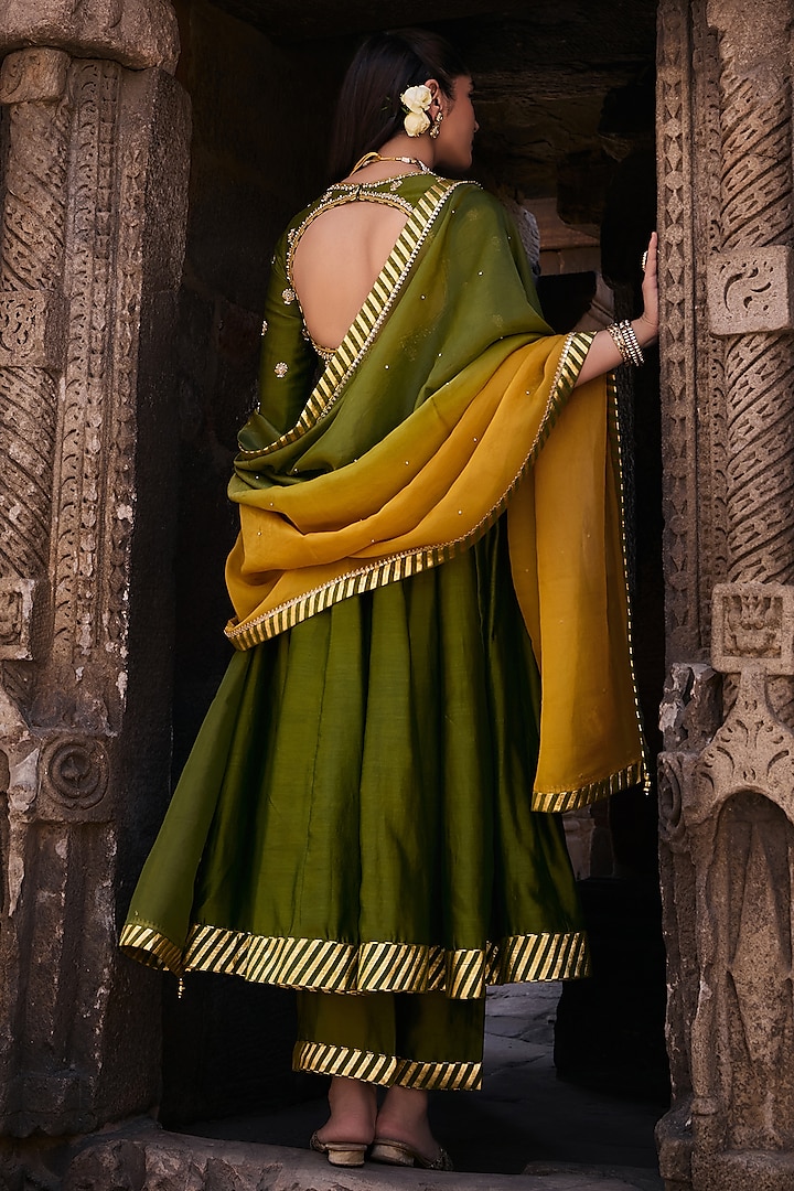 Mehendi Green Silk Chanderi Hand Embroidered Wedding Anarkali Set by Kritika Dawar at Pernia's Pop Up Shop