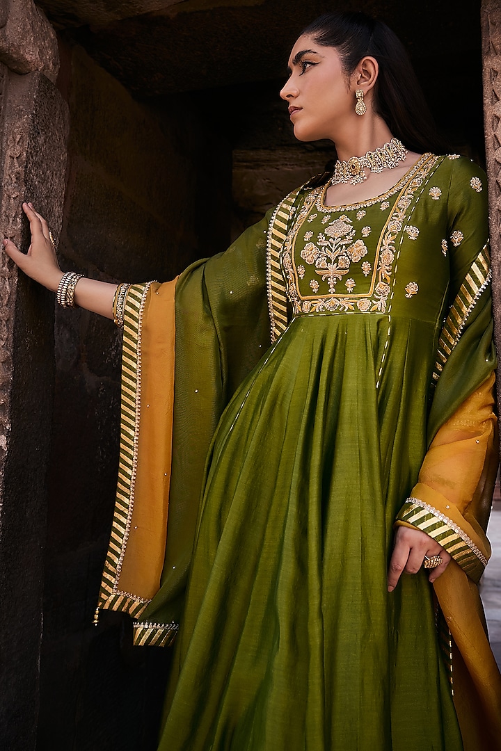 Mehendi Green Silk Chanderi Hand Embroidered Wedding Anarkali Set by Kritika Dawar at Pernia's Pop Up Shop