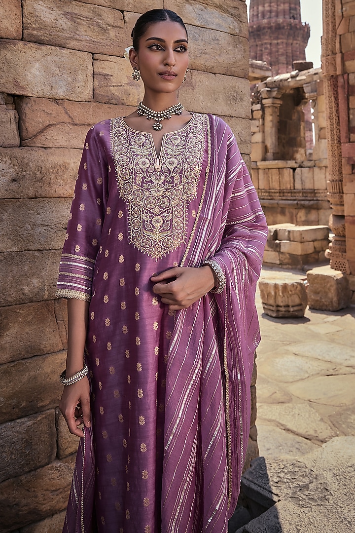 Purple Banarasi Chanderi Gota Embroidered Kurta Set by Kritika Dawar at Pernia's Pop Up Shop