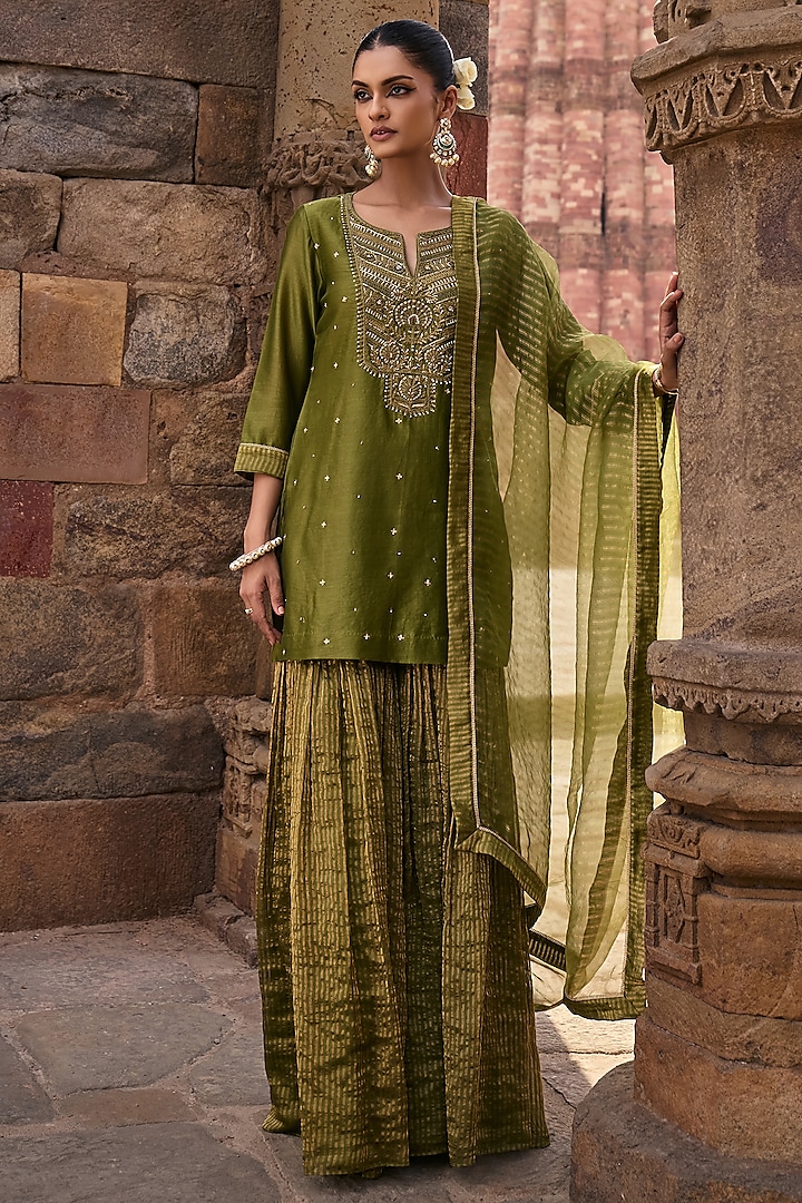 Mehendi Green Tissue Chanderi Gharara Set by Kritika Dawar at Pernia's Pop Up Shop