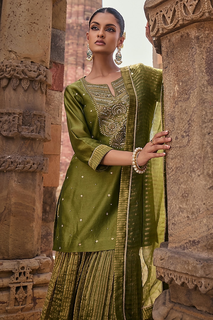 Mehendi Green Tissue Chanderi Gharara Set by Kritika Dawar at Pernia's Pop Up Shop