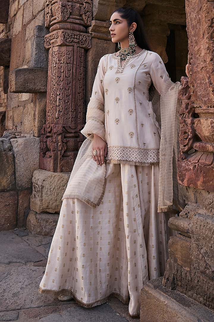 Ivory Banarasi Chanderi Sharara Set by Kritika Dawar at Pernia's Pop Up Shop