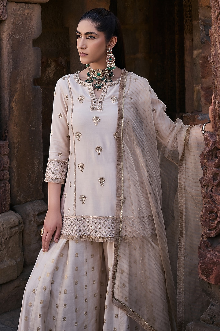 Ivory Banarasi Chanderi Wedding Sharara Set by Kritika Dawar at Pernia's Pop Up Shop