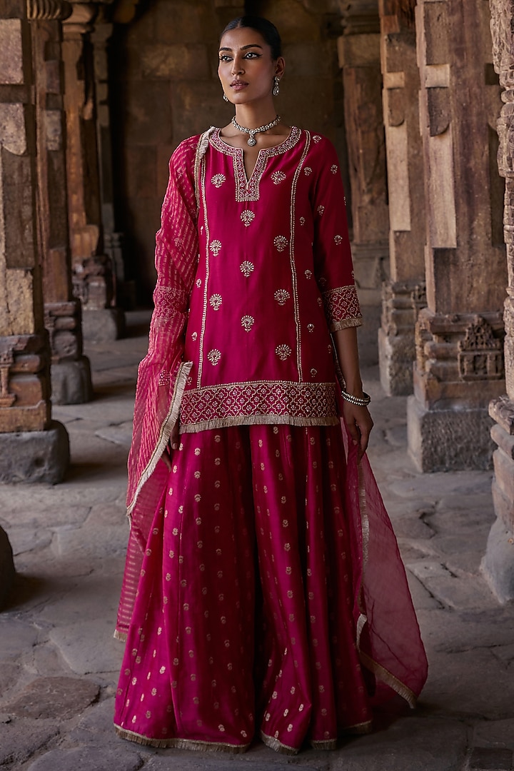 Magenta Banarasi Chanderi Sharara Set by Kritika Dawar