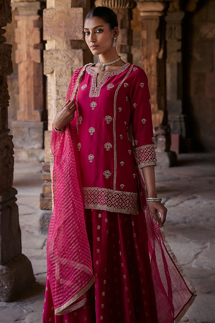 Magenta Banarasi Chanderi Wedding Sharara Set by Kritika Dawar at Pernia's Pop Up Shop