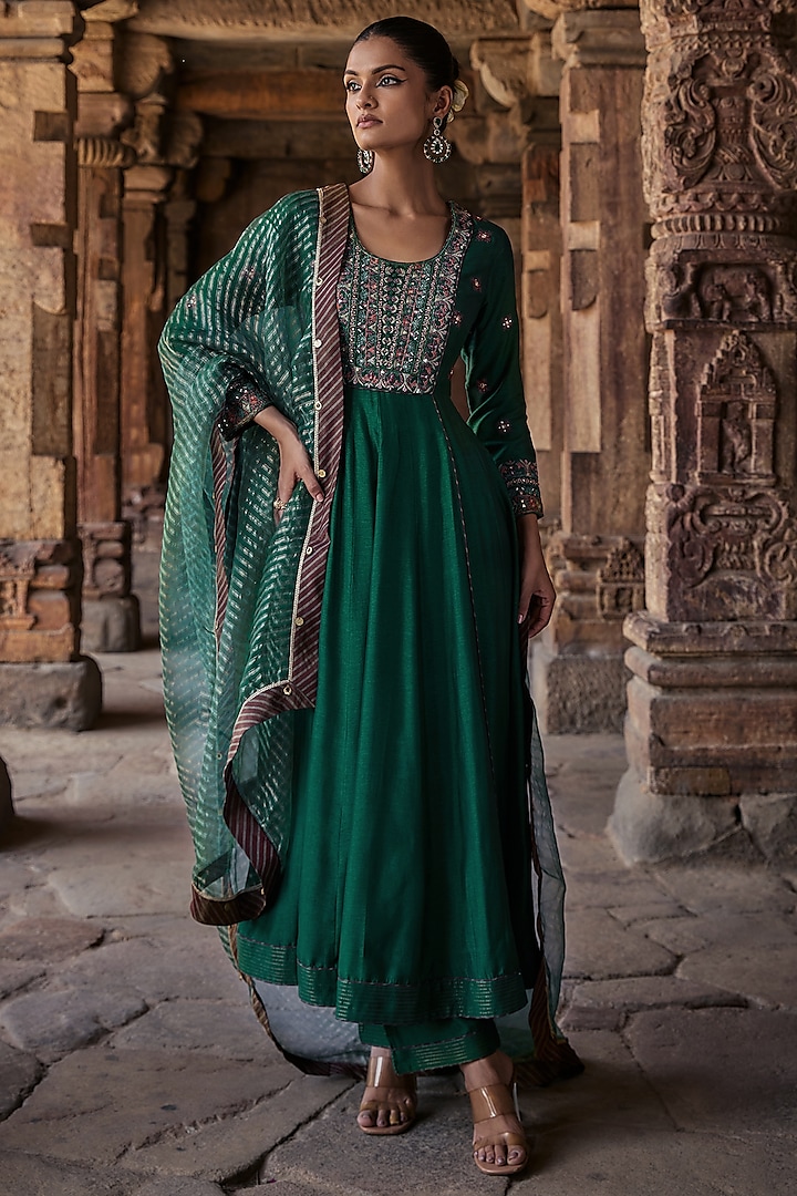 Teal Silk Mirror Embroidered Anarkali Set by Kritika Dawar