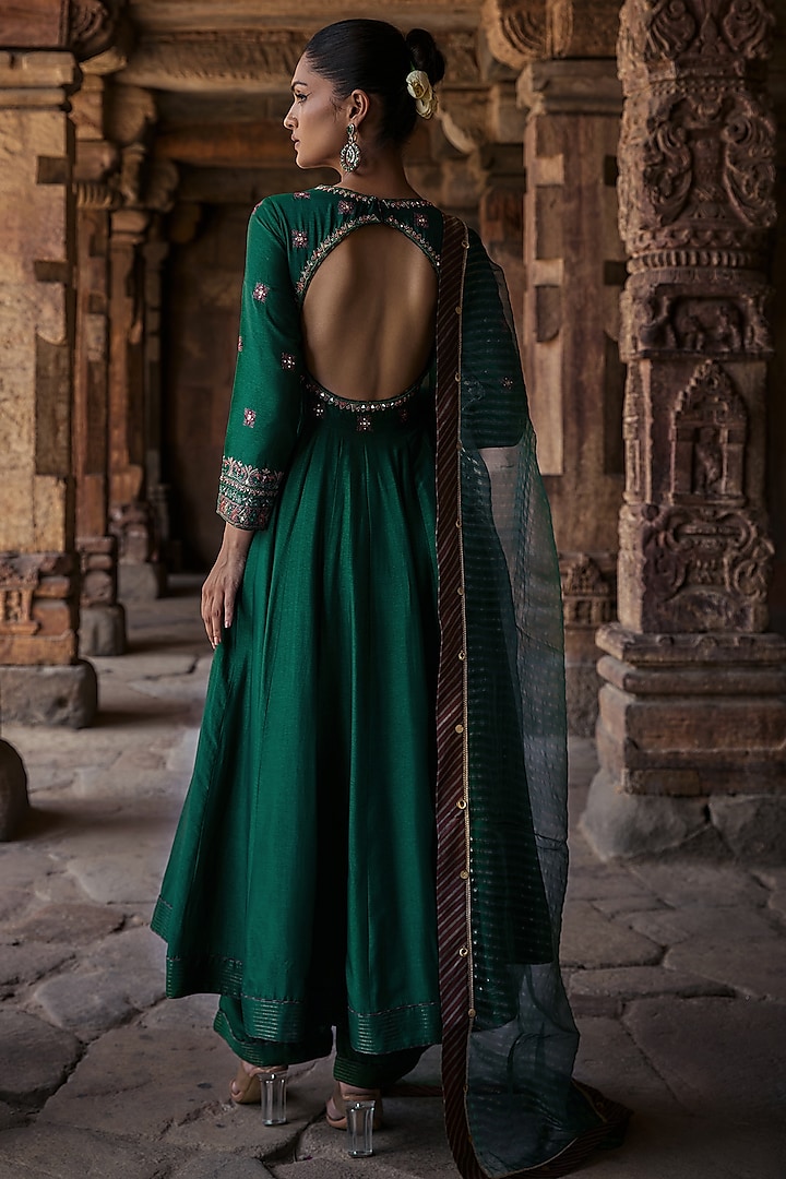 Teal Silk Mirror Embroidered Wedding Anarkali Set by Kritika Dawar at Pernia's Pop Up Shop
