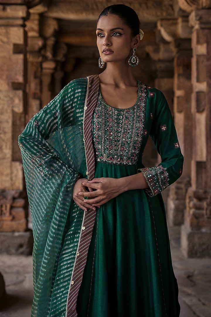 Teal Silk Mirror Embroidered Wedding Anarkali Set by Kritika Dawar at Pernia's Pop Up Shop