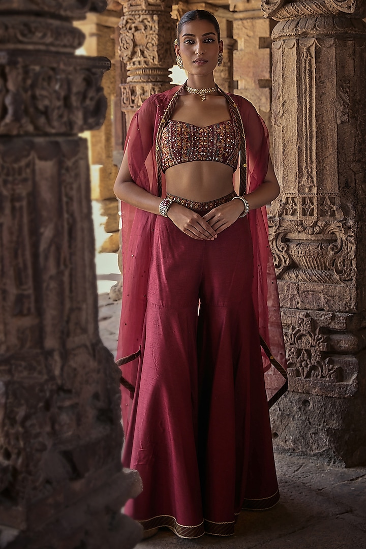 Maroon Silk Sharara Set by Kritika Dawar at Pernia's Pop Up Shop