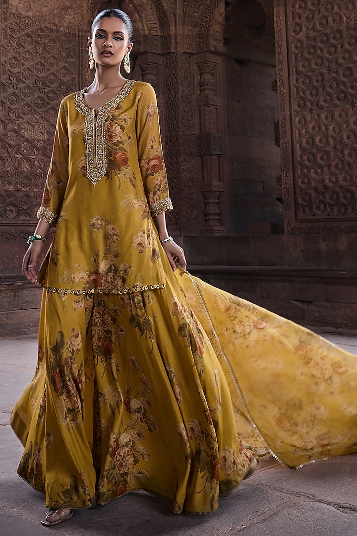 Yellow Silk Floral Printed Sharara Set by Kritika Dawar at Pernia's Pop Up Shop