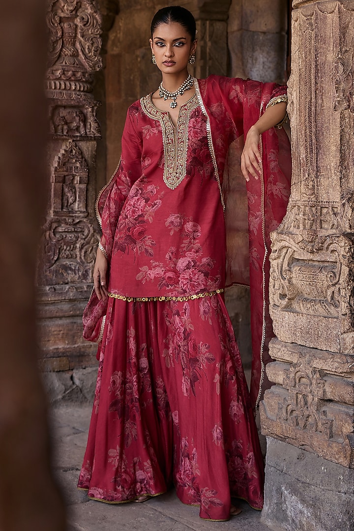 Coral Silk Floral Printed Sharara Set by Kritika Dawar