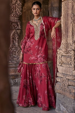 Coral Silk Floral Printed Sharara Set by Kritika Dawar