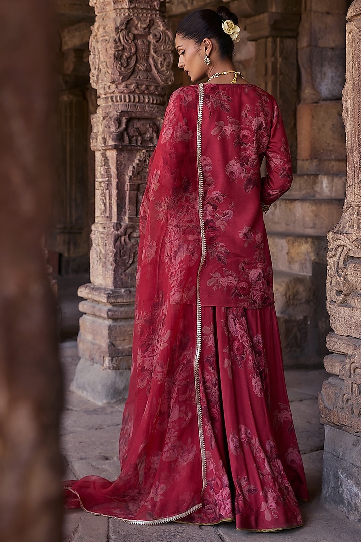 Coral Silk Floral Printed Wedding Sharara Set by Kritika Dawar at Pernia's Pop Up Shop