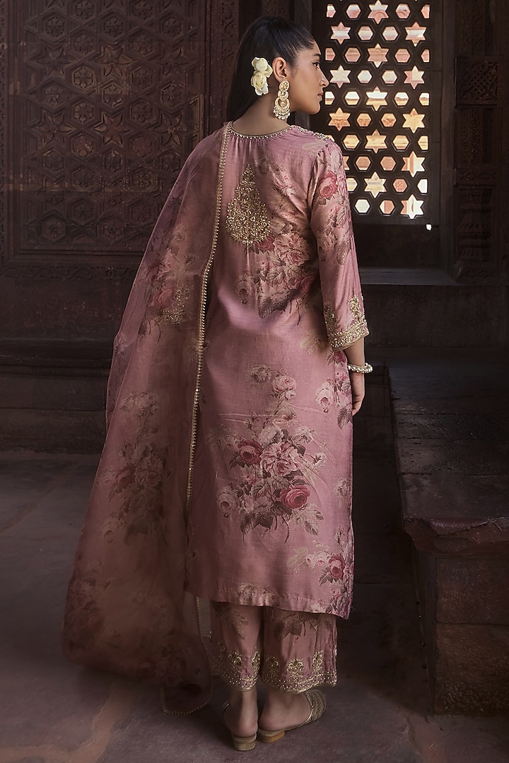Blush Pink Silk Embroidered & Floral Printed A-Line Kurta Set by Kritika Dawar at Pernia's Pop Up Shop