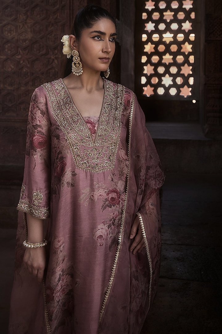 Blush Pink Silk Embroidered & Floral Printed A-Line Kurta Set by Kritika Dawar at Pernia's Pop Up Shop
