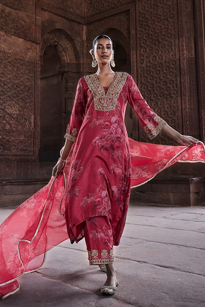 Coral Silk Embroidered & Floral Printed A-Line Kurta Set by Kritika Dawar