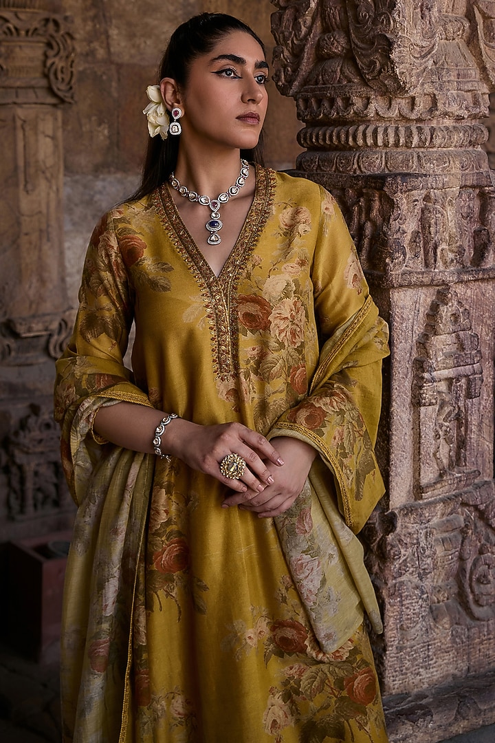 Yellow Chanderi Embroidered & Floral Printed Kurta Set by Kritika Dawar at Pernia's Pop Up Shop