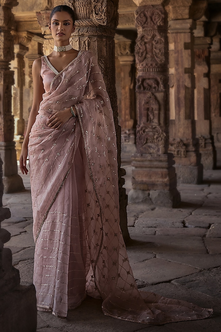 Blush Pink Organza Gota & Pearl Embroidered Saree Set by Kritika Dawar