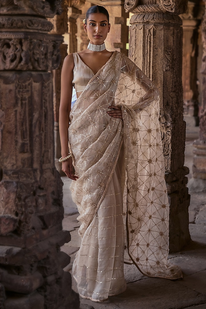 Ivory Organza Gota & Pearl Embroidered Saree Set by Kritika Dawar at Pernia's Pop Up Shop