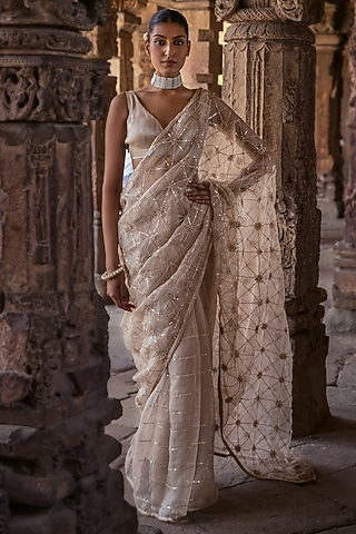 Ivory Organza Gota & Pearl Embroidered Saree Set by Kritika Dawar