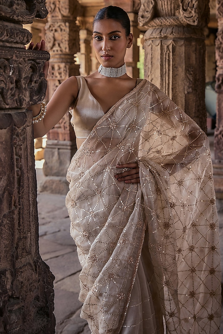 Ivory Organza Gota & Pearl Embroidered Wedding Saree Set by Kritika Dawar at Pernia's Pop Up Shop