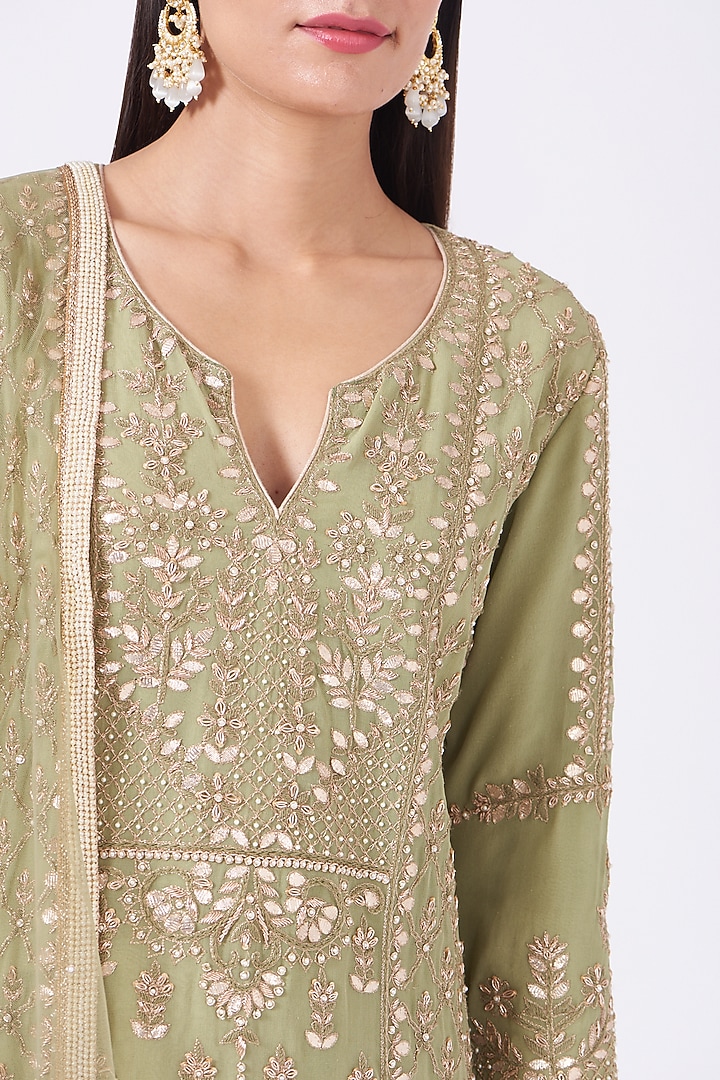 Olive Green Georgette Gota Jaal Embroidered Kurta Set by Kritika Dawar at Pernia's Pop Up Shop