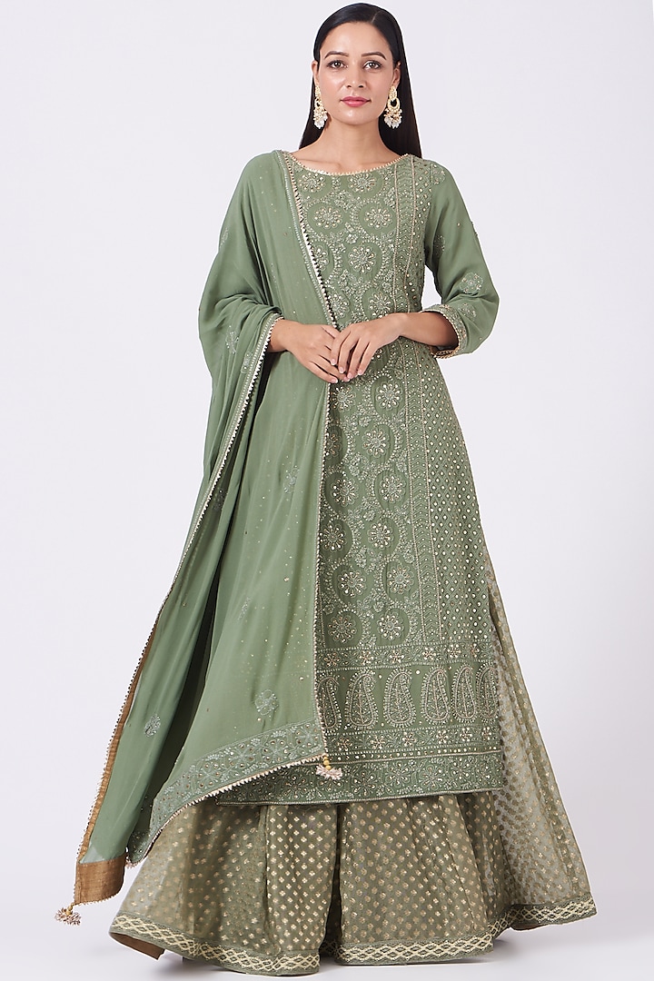 Olive Green Banarasi Skirt Set by Kritika Dawar