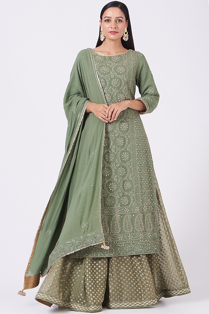 Olive Green Banarasi Skirt Set by Kritika Dawar at Pernia's Pop Up Shop