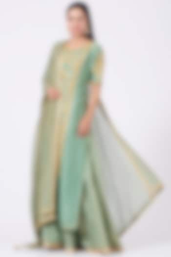 Mint Green Linen Silk Gota Embroidered Kurta Set by Kritika Dawar