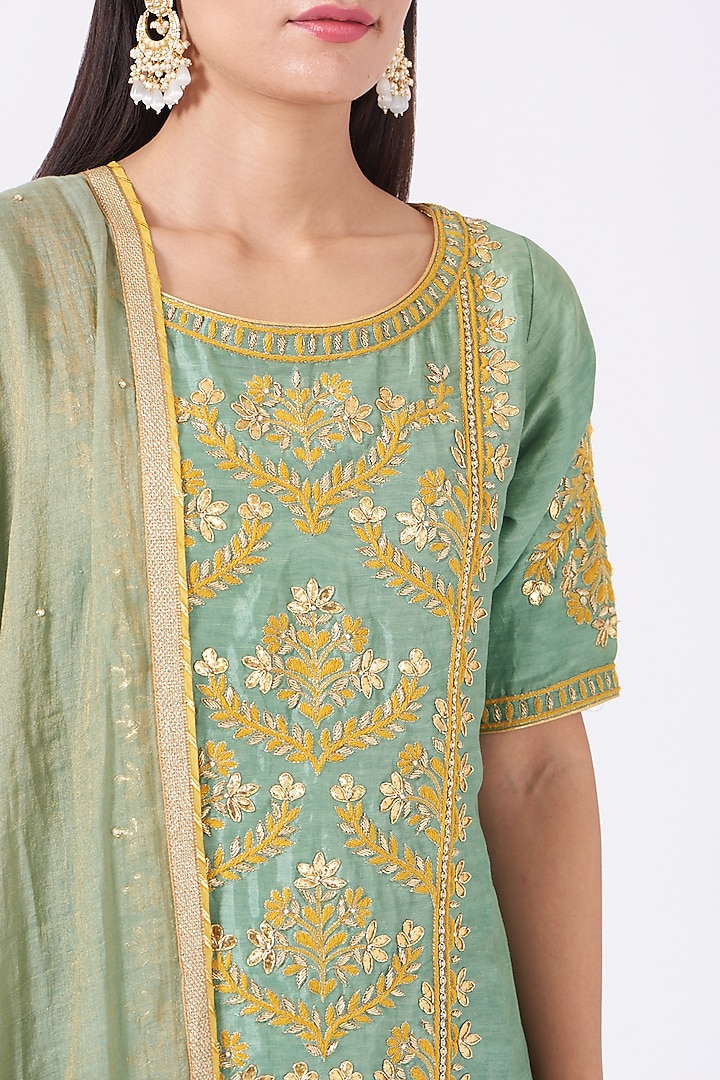 Mint Green Linen Silk Gota Embroidered Kurta Set by Kritika Dawar at Pernia's Pop Up Shop