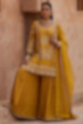Mustard Yellow Silk Thread Embroidered Flared Wedding Sharara Set by Kritika Dawar at Pernia's Pop Up Shop