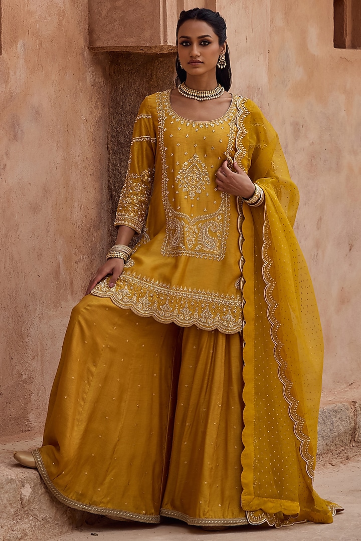 Mustard Yellow Silk Thread Embroidered Flared Wedding Sharara Set by Kritika Dawar at Pernia's Pop Up Shop