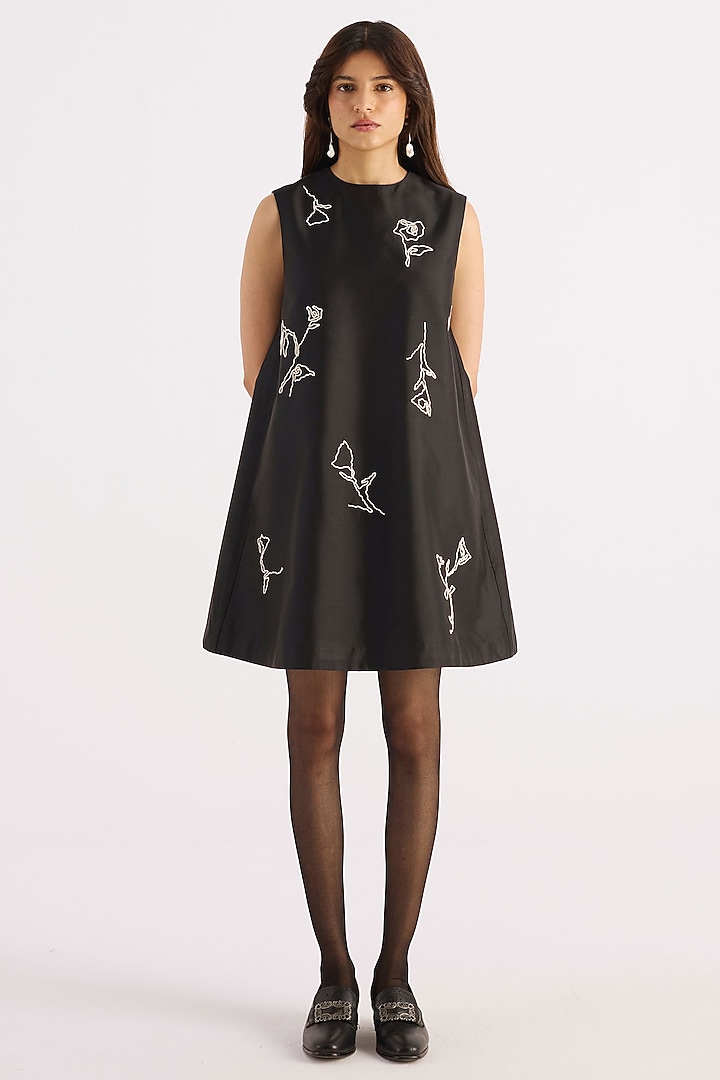 Black Taffeta Hand Embroidered A-Line Vacation Dress by KIRU at Pernia's Pop Up Shop