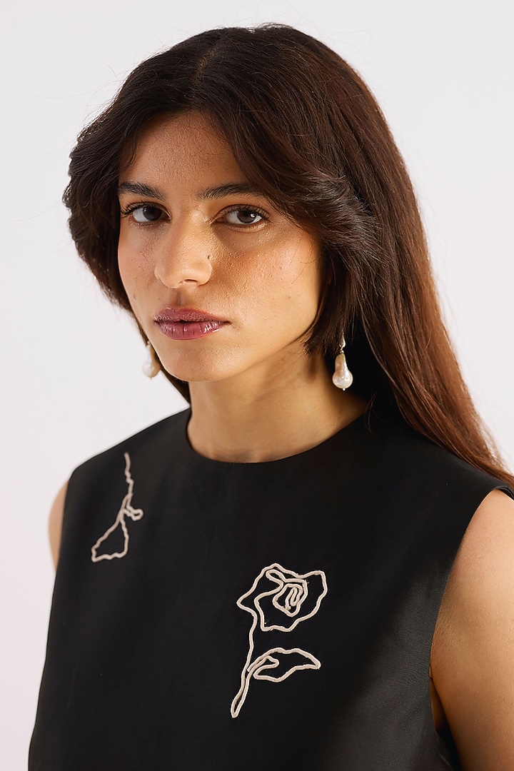 Black Taffeta Hand Embroidered A-Line Vacation Dress by KIRU at Pernia's Pop Up Shop