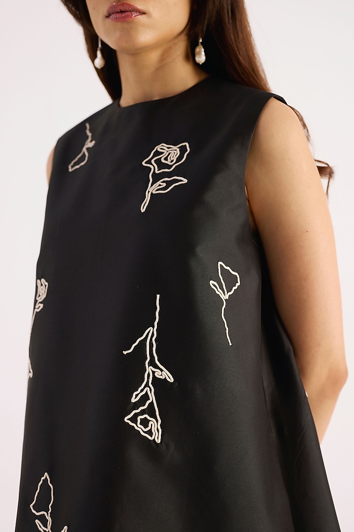 Black Taffeta Hand Embroidered A-Line Vacation Dress by KIRU at Pernia's Pop Up Shop