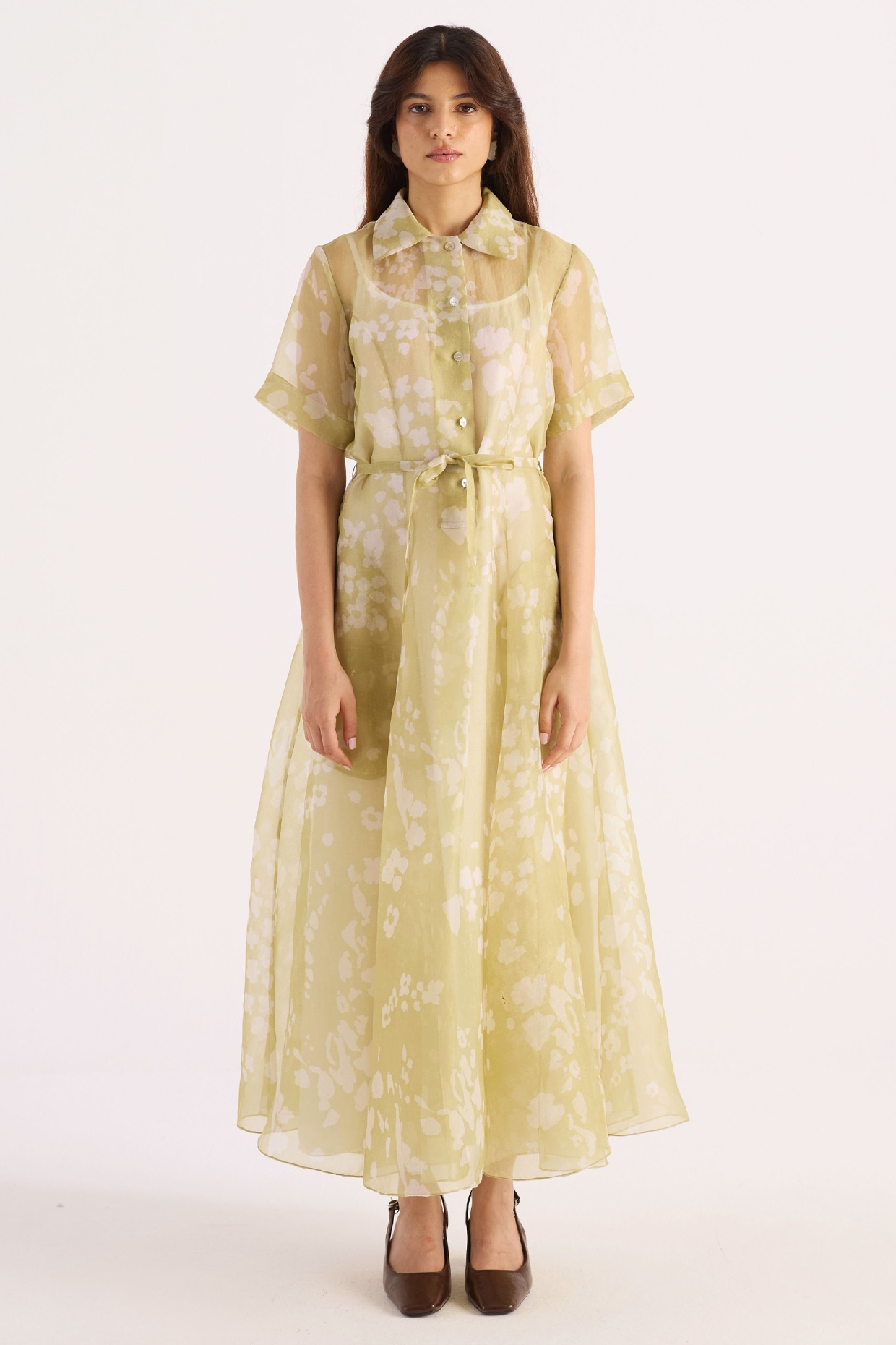 KIRU Green Silk Organza Floral Printed Dress
