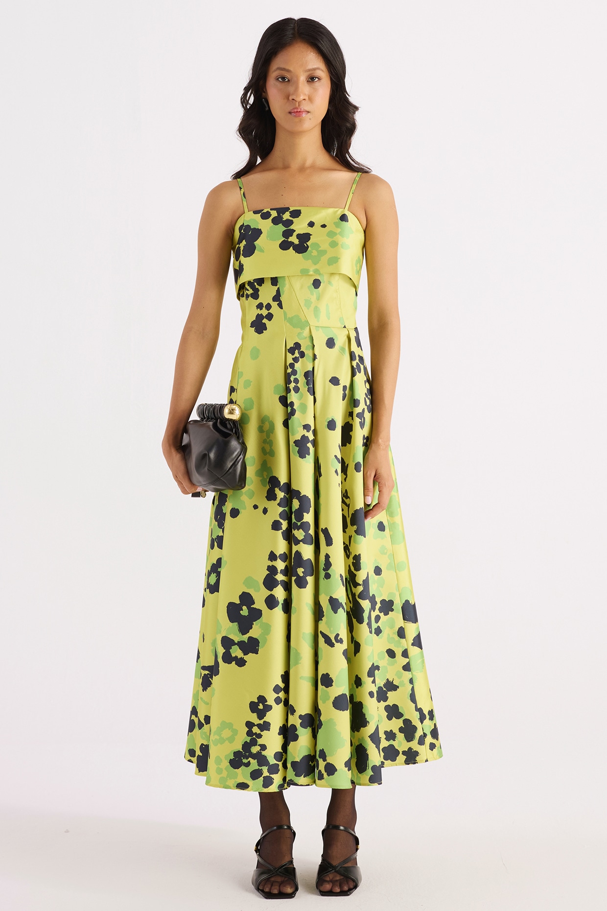 KIRU Lime Green Taffeta Floral Digital Printed Layered Dress