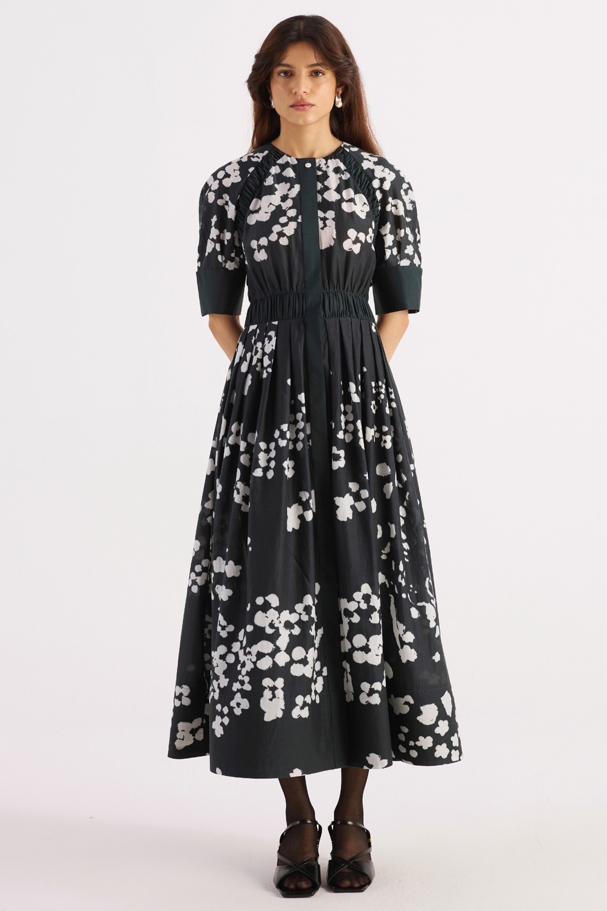 KIRU Charcoal Black Cotton Floral Digital Printed Flared Dress