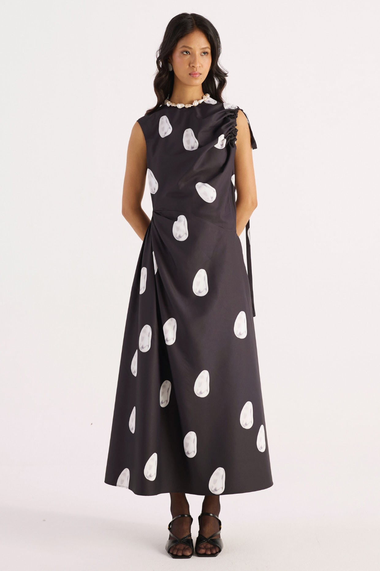 KIRU Charcoal Black Terry Rayon Digital Printed One-Shoulder Dress