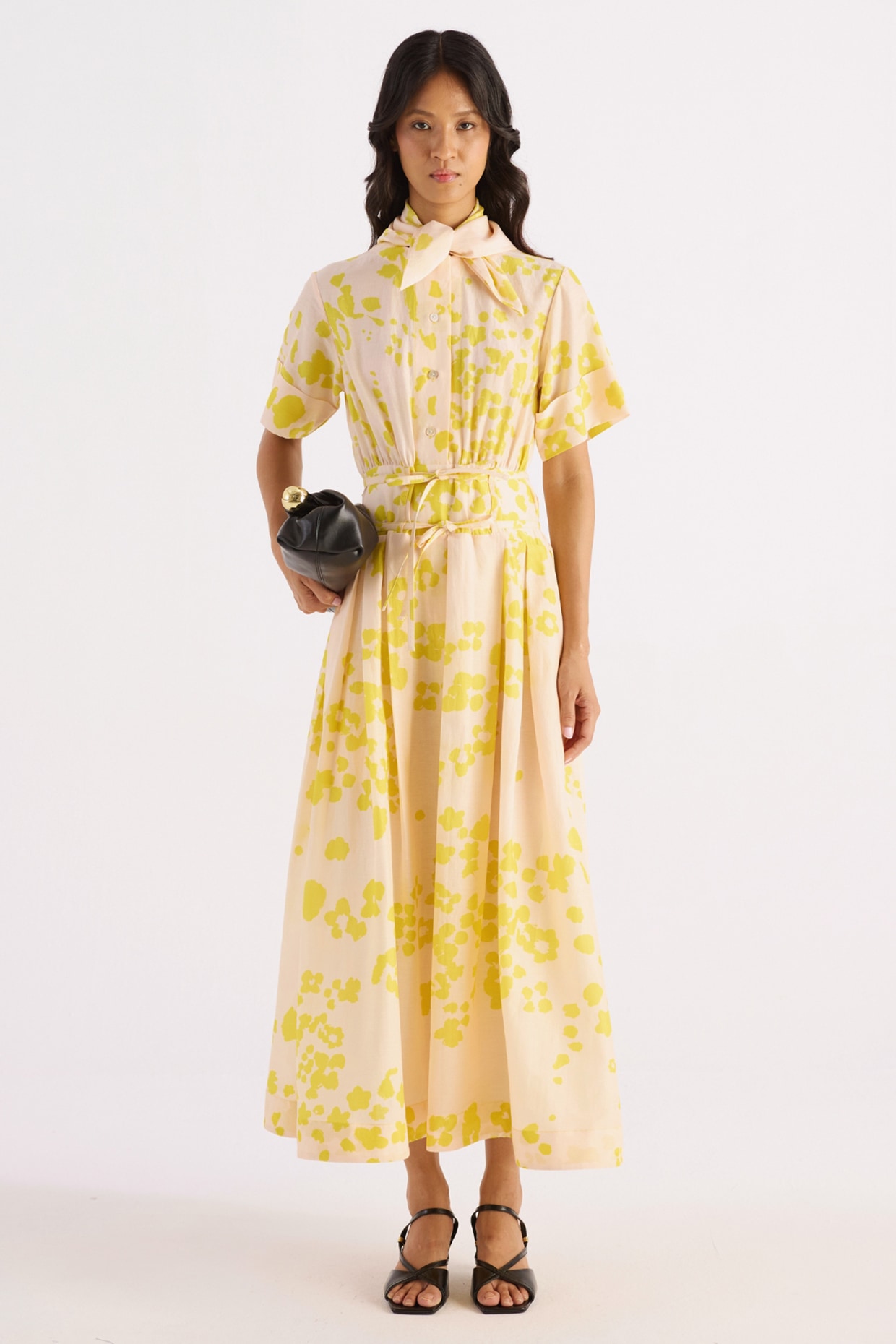 KIRU Cream & Yellow Cotton Silk Floral Printed Dress