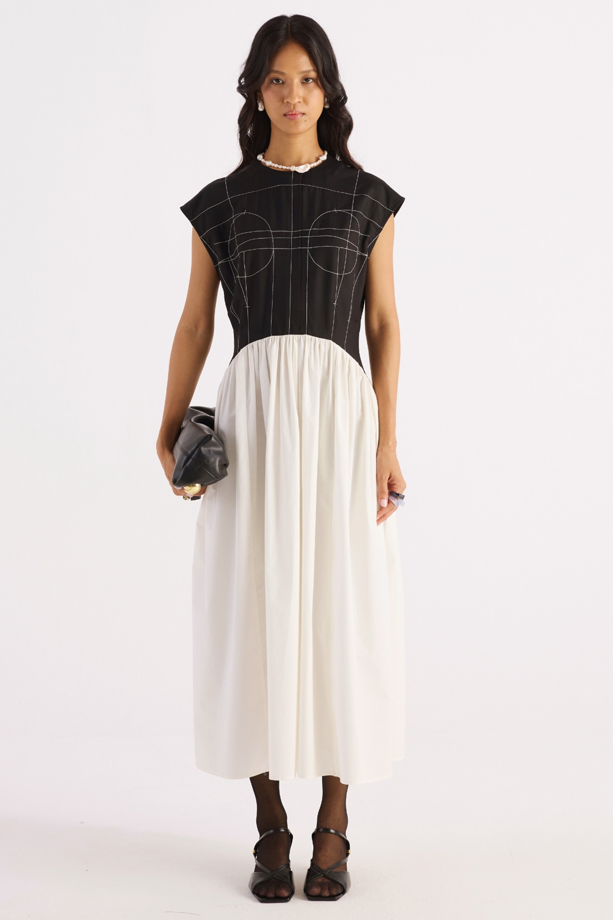 KIRU Black & White Terry Rayon Cotton Embroidered Dress