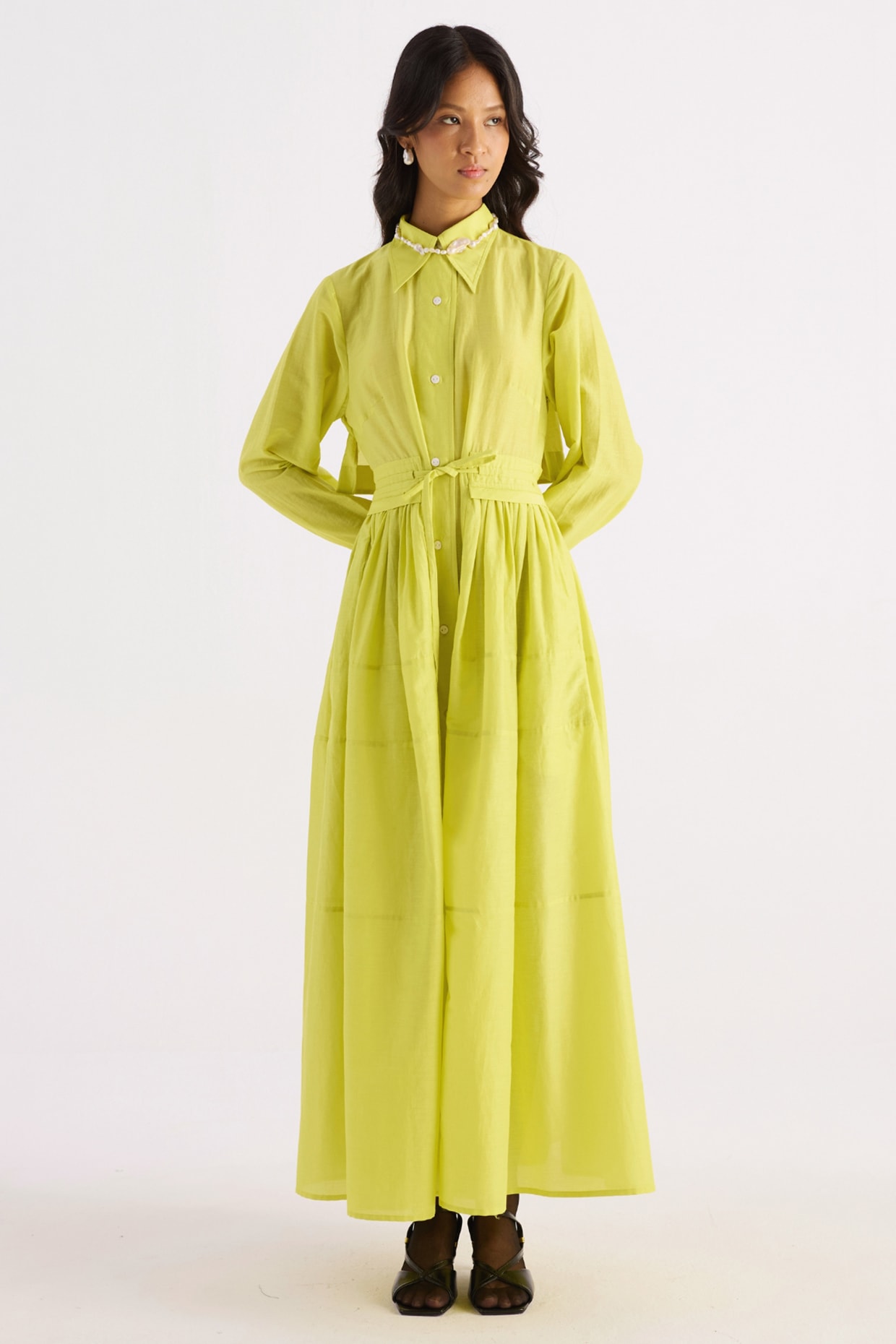 KIRU Lime Green Cotton Silk Flared Shirt Dress