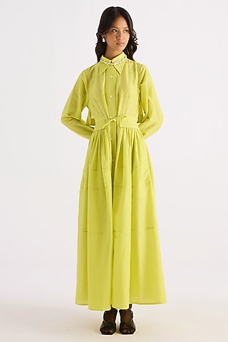 Lime Green Cotton Silk Flared Shirt Dress by KIRU