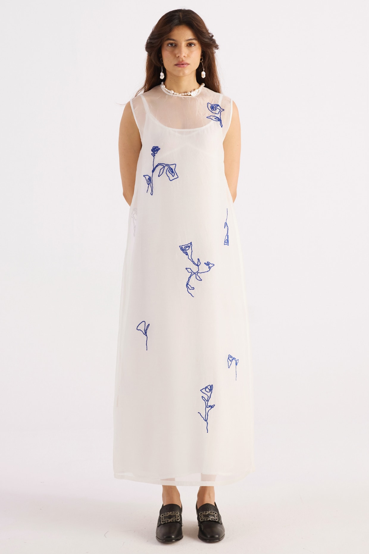 KIRU Pearl White Silk Organza Hand Embroidered Dress