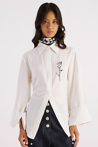 White Cotton Floral Motifs Embroidered Flared Shirt by KIRU
