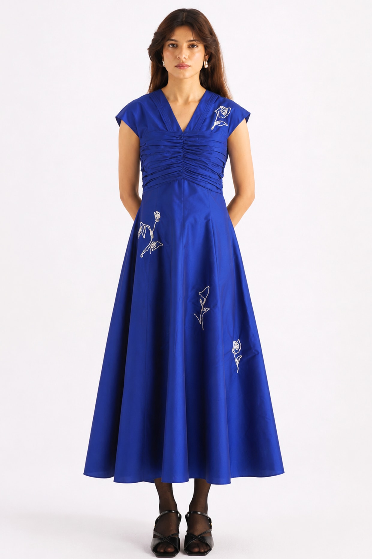 KIRU Royal Blue Taffeta Floral Embroidered Flared Dress