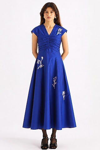 Royal Blue Taffeta Floral Embroidered Flared Dress by KIRU